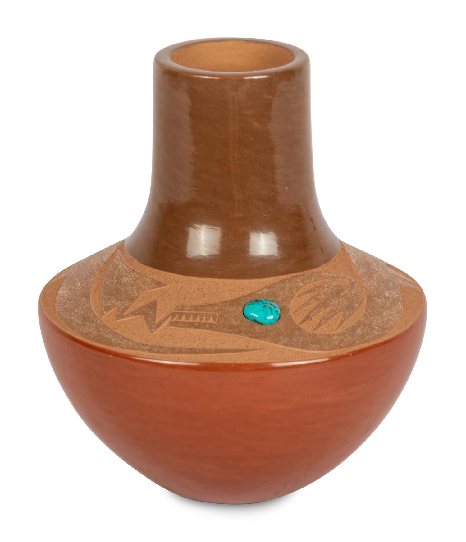 Red and Sienna Pottery Vase, with Avanyu and Turquoise Cabochon