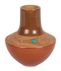 Red and Sienna Pottery Vase, with Avanyu and Turquoise Cabochon