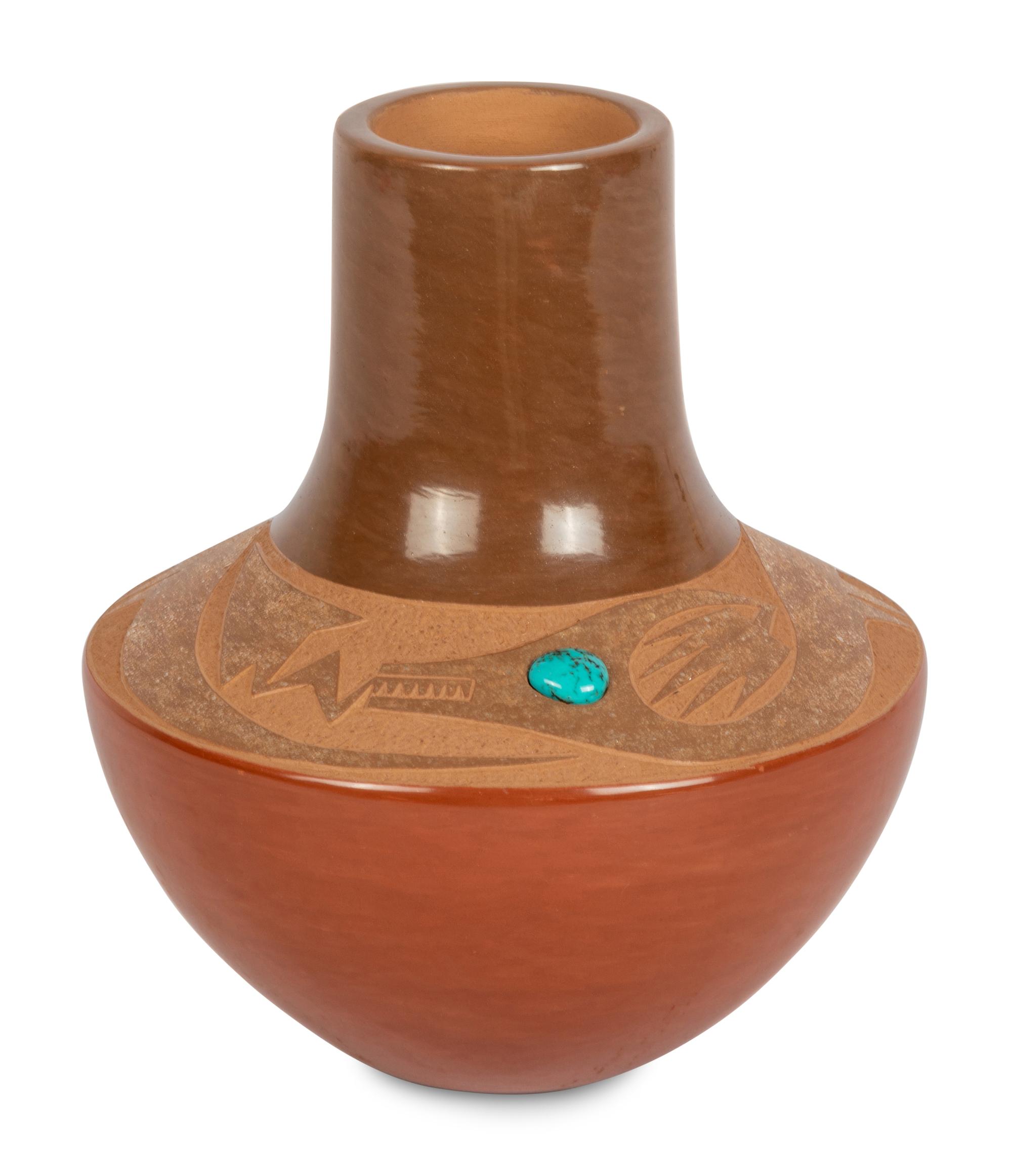 Red and Sienna Pottery Vase, with Avanyu and Turquoise Cabochon