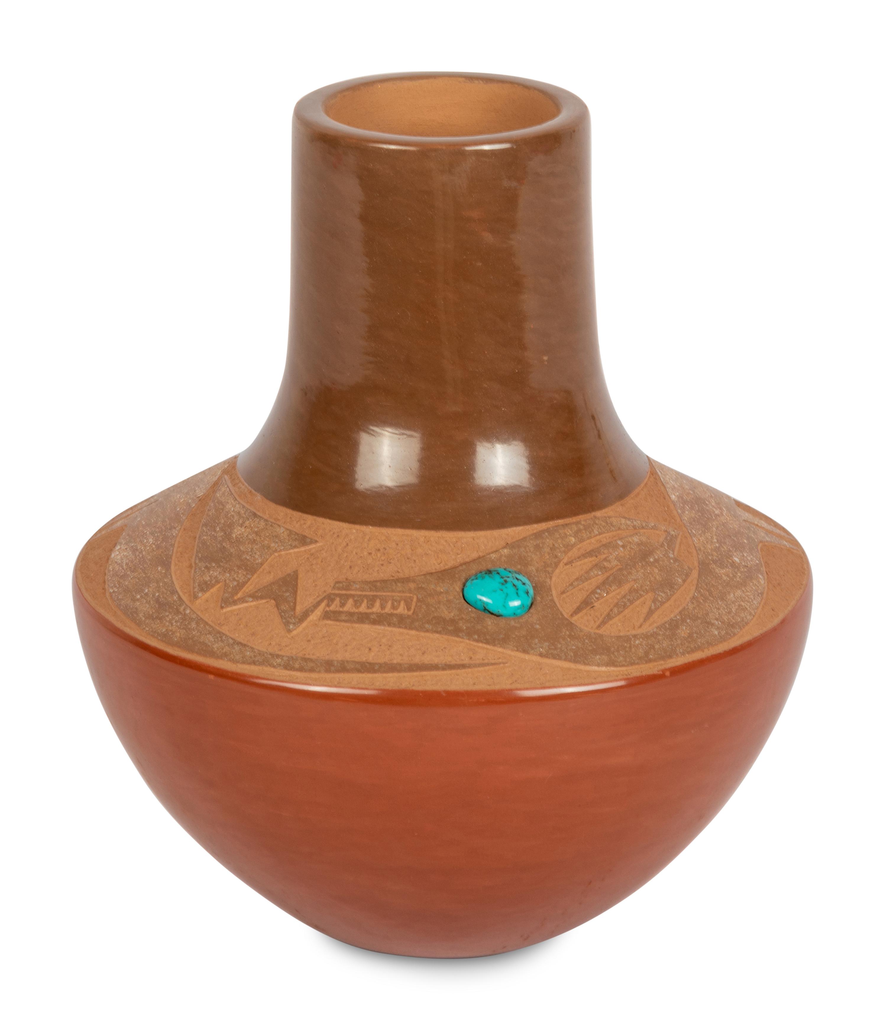Red and Sienna Pottery Vase, with Avanyu and Turquoise Cabochon