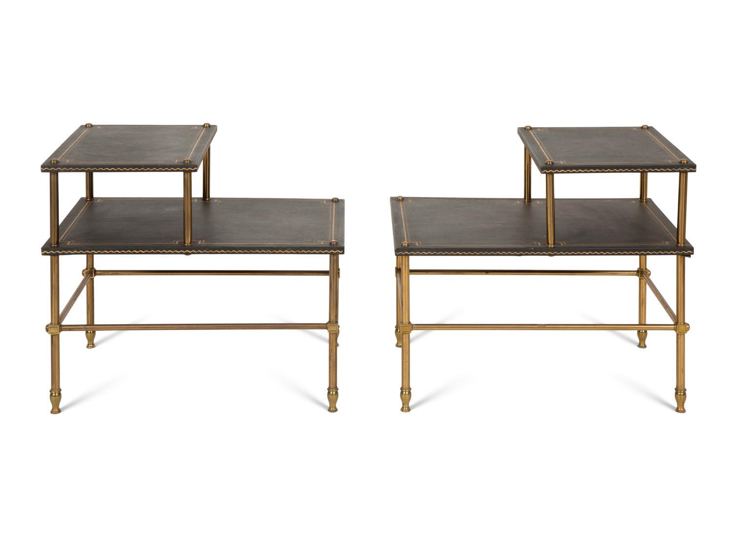 A Pair of Brass and Leather Two-Tier Side Tables