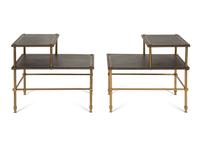 A Pair of Brass and Leather Two-Tier Side Tables