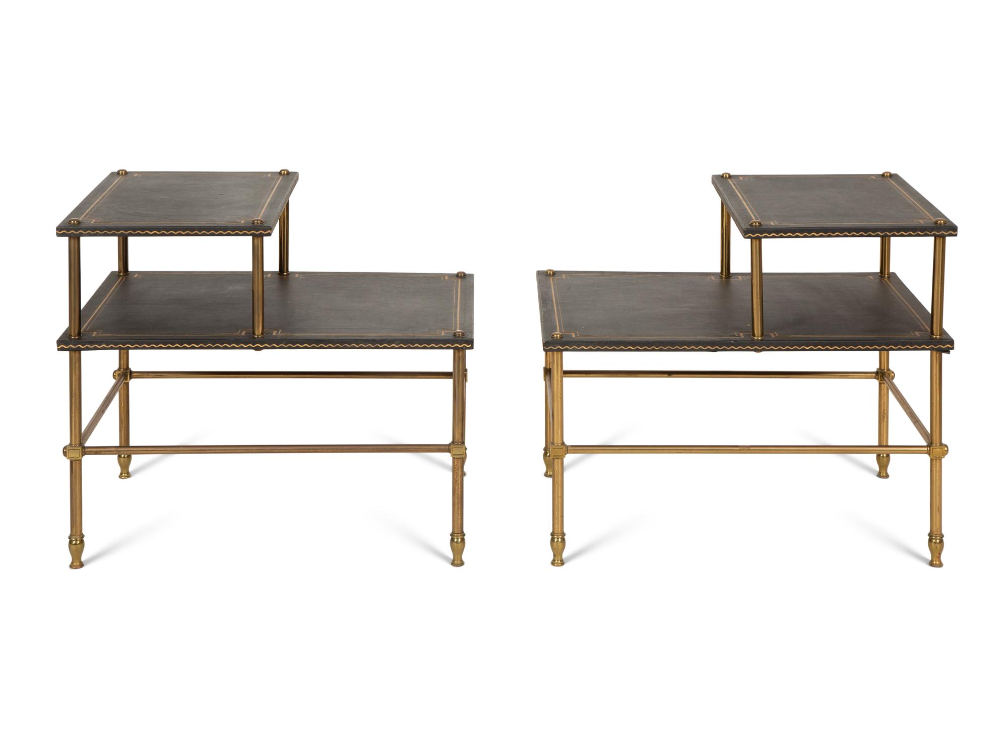 A Pair of Brass and Leather Two-Tier Side Tables