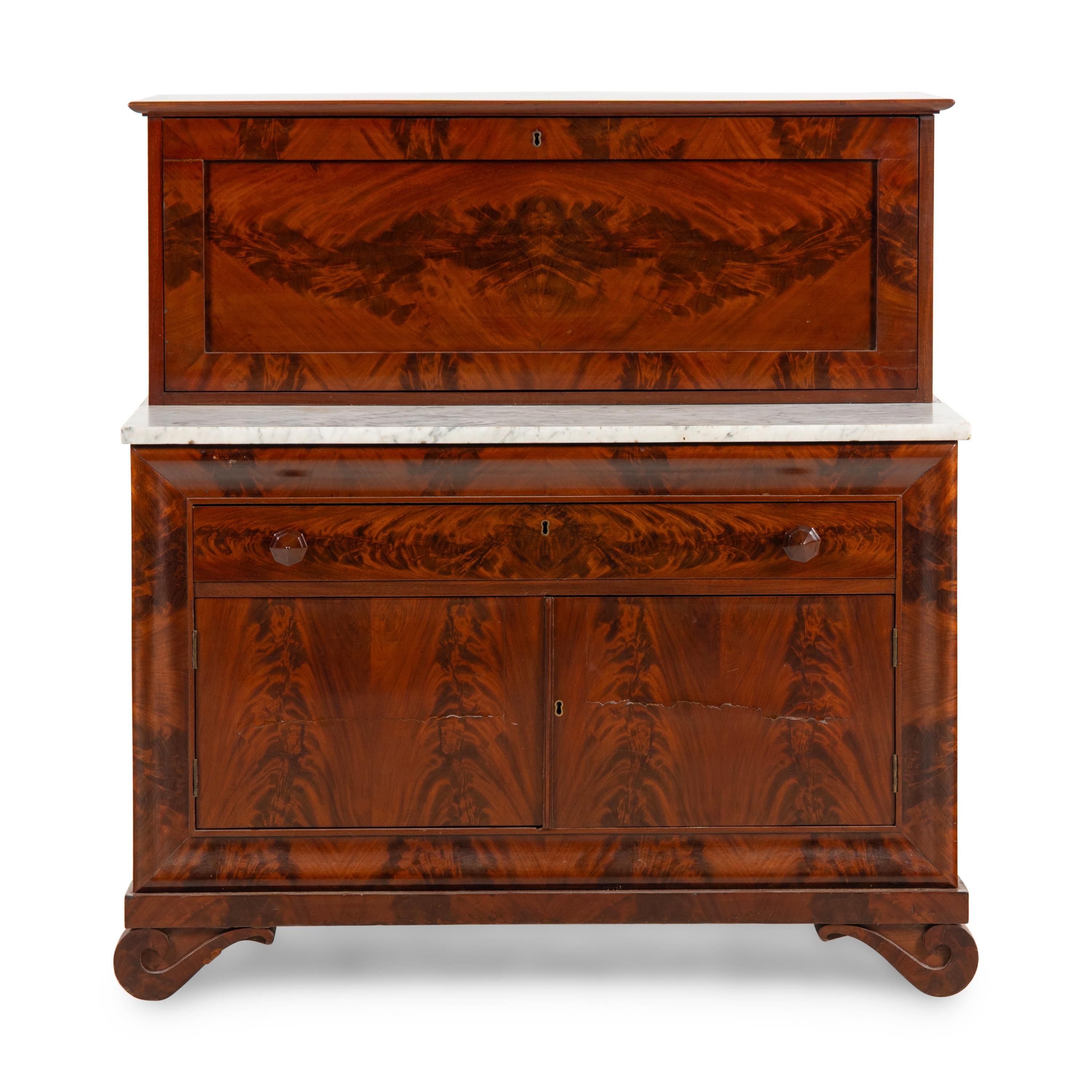 A Classical Mahogany and Marble-Top Fall-Front Bureau Cabinet