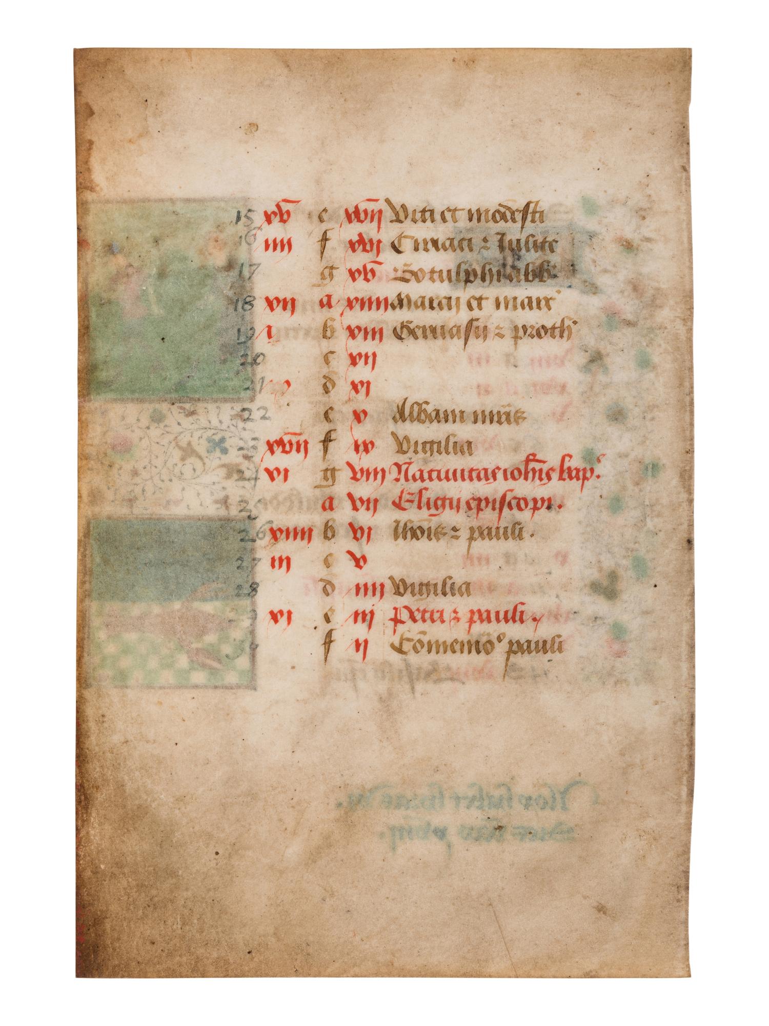 A pair of calendar leaves from the mid-fifteenth century, illuminated in Bruges and Paris with scenes of the Labors of the Month and Signs of the Zodiac.