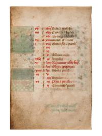 A pair of calendar leaves from the mid-fifteenth century, illuminated in Bruges and Paris with scenes of the Labors of the Month and Signs of the Zodiac.