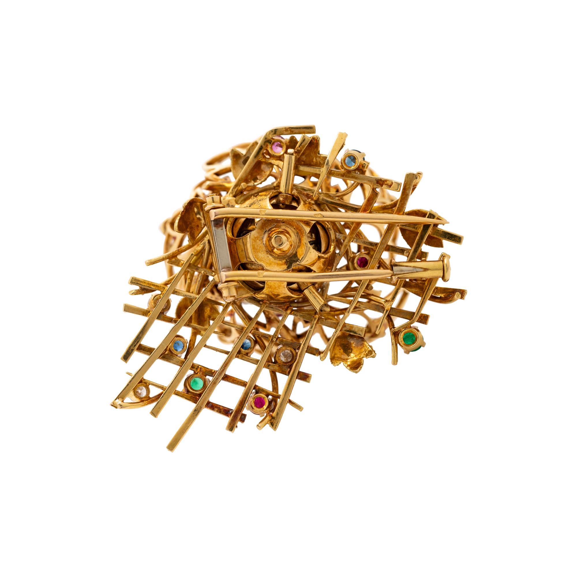 FRENCH, YELLOW GOLD, DIAMOND AND GEMSTONE FLOWER BROOCH