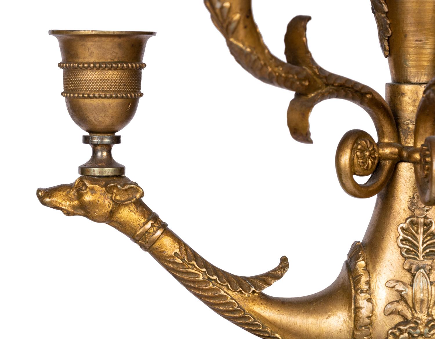 A Pair of Empire Style Gilt and Patinated Bronze Six-Light Figural Candelabra