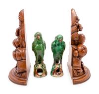 A Pair of Chinese Export Sancai Glazed Parrots and a Pair of Carved Wall Brackets