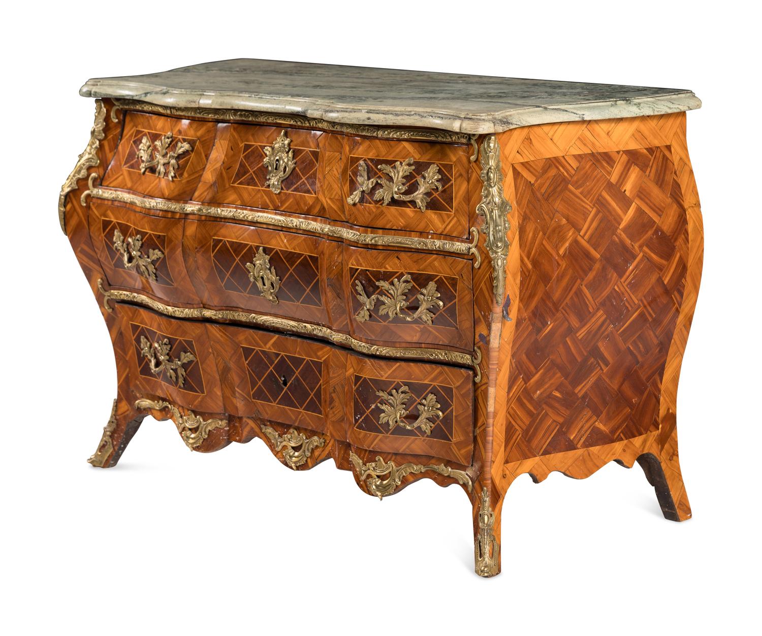 A Swedish Rococo Gilt Bronze Mounted Parquetry Marble-Top Commode