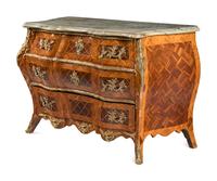 A Swedish Rococo Gilt Bronze Mounted Parquetry Marble-Top Commode
