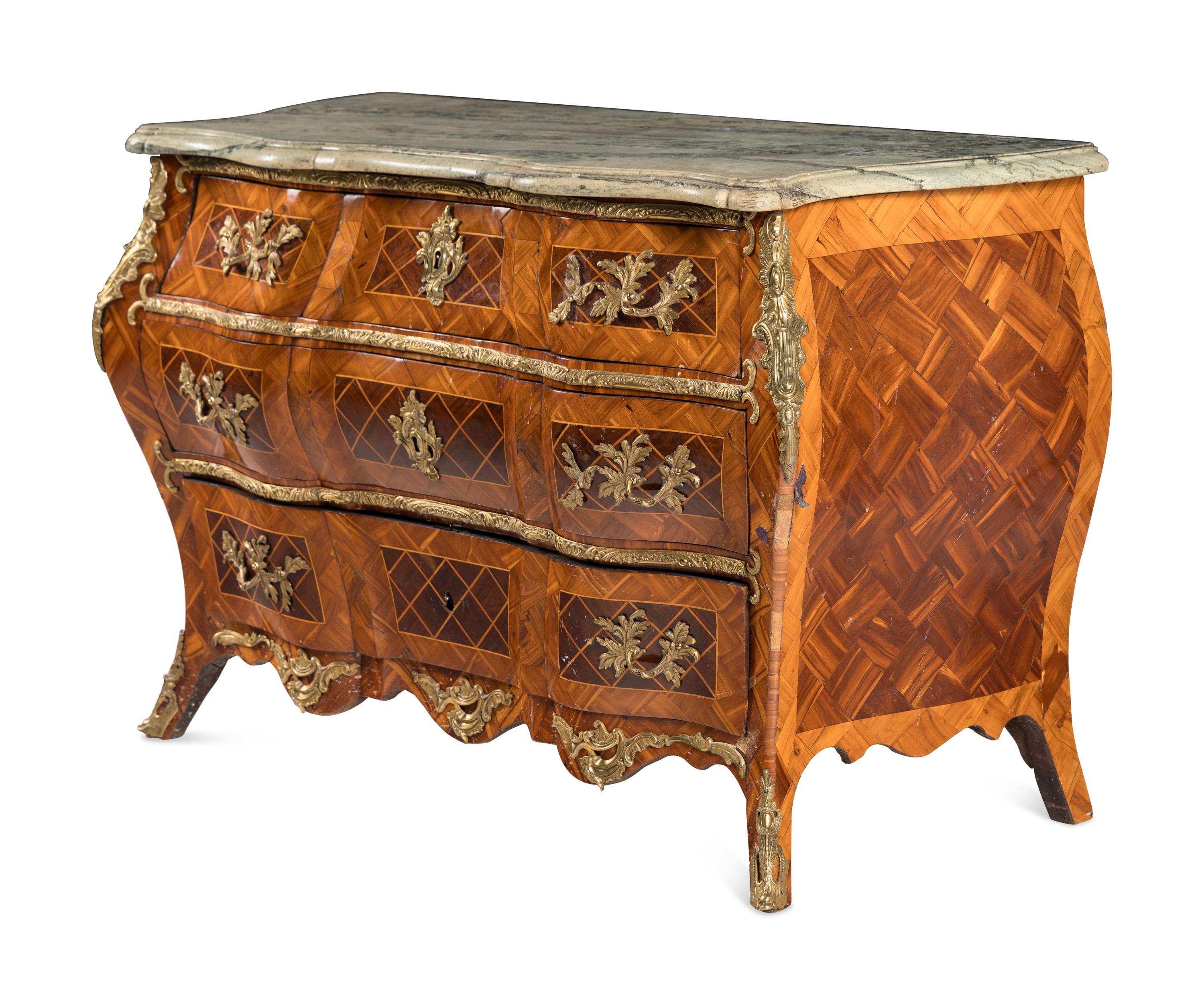 A Swedish Rococo Gilt Bronze Mounted Parquetry Marble-Top Commode