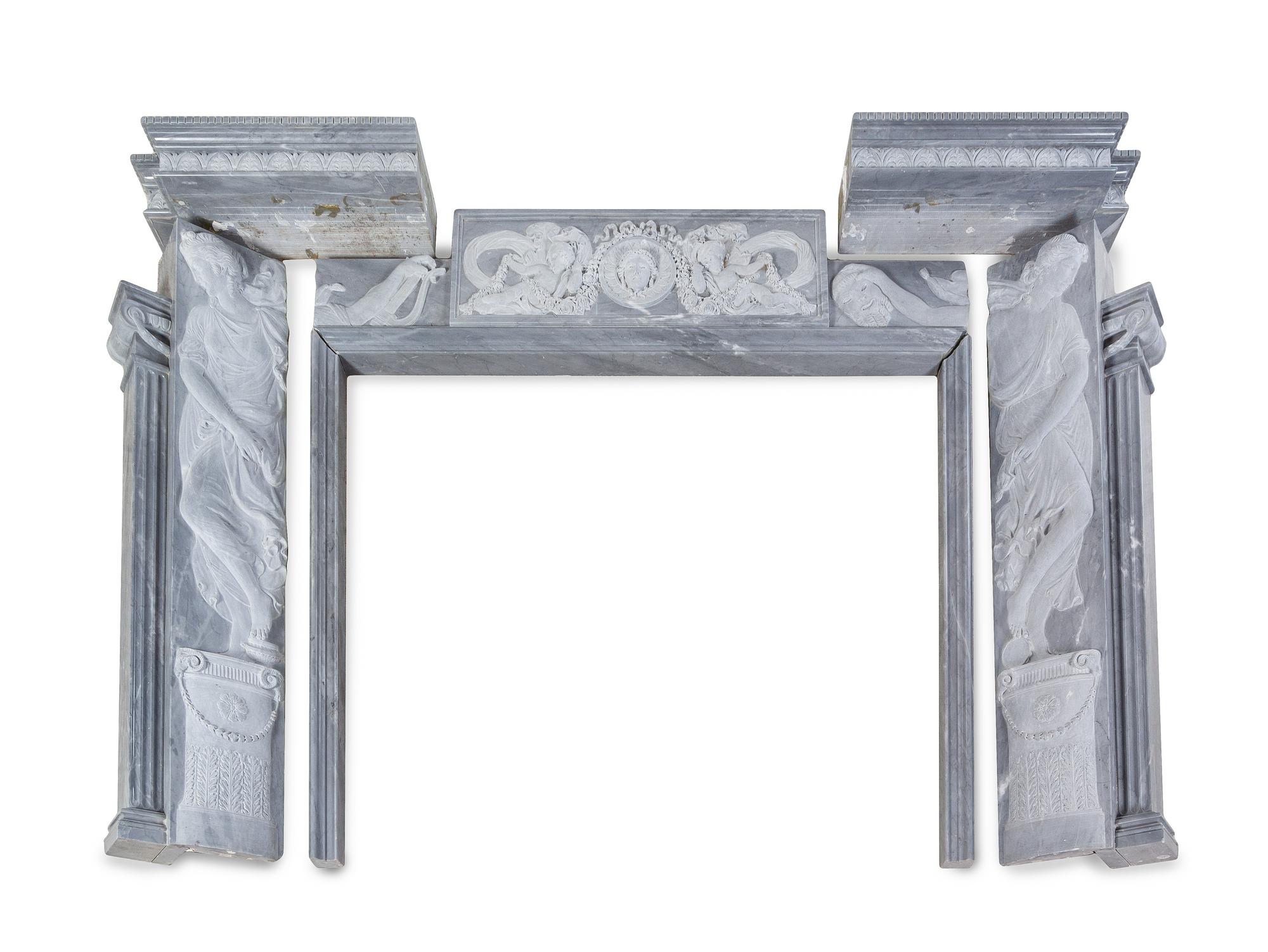 An Italian Carved Bardiglio Imperiale Marble Chimneypiece