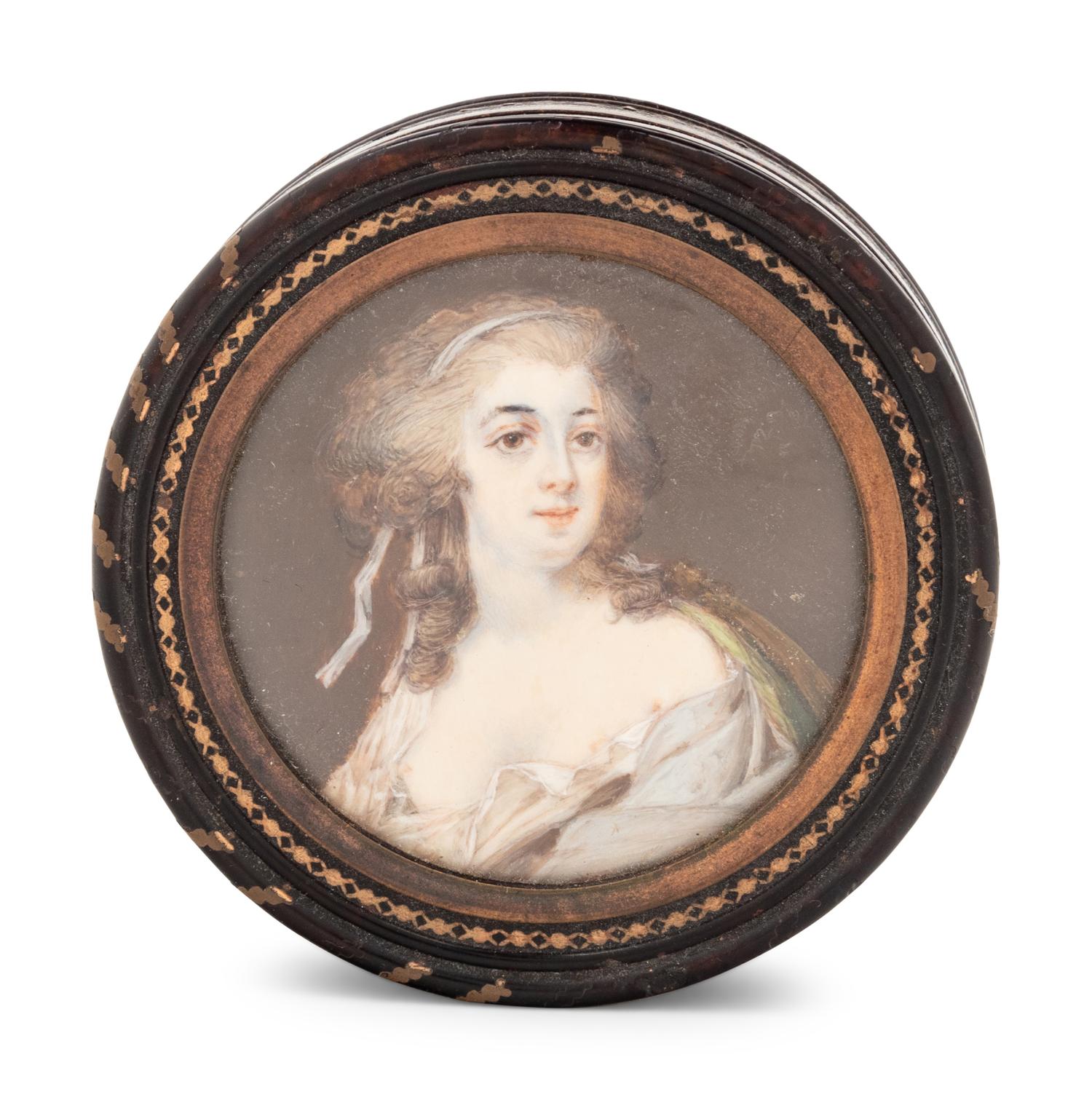 A Continental Gilt Metal Mounted and Portrait Miniature Inset Tortoiseshell Snuff Box