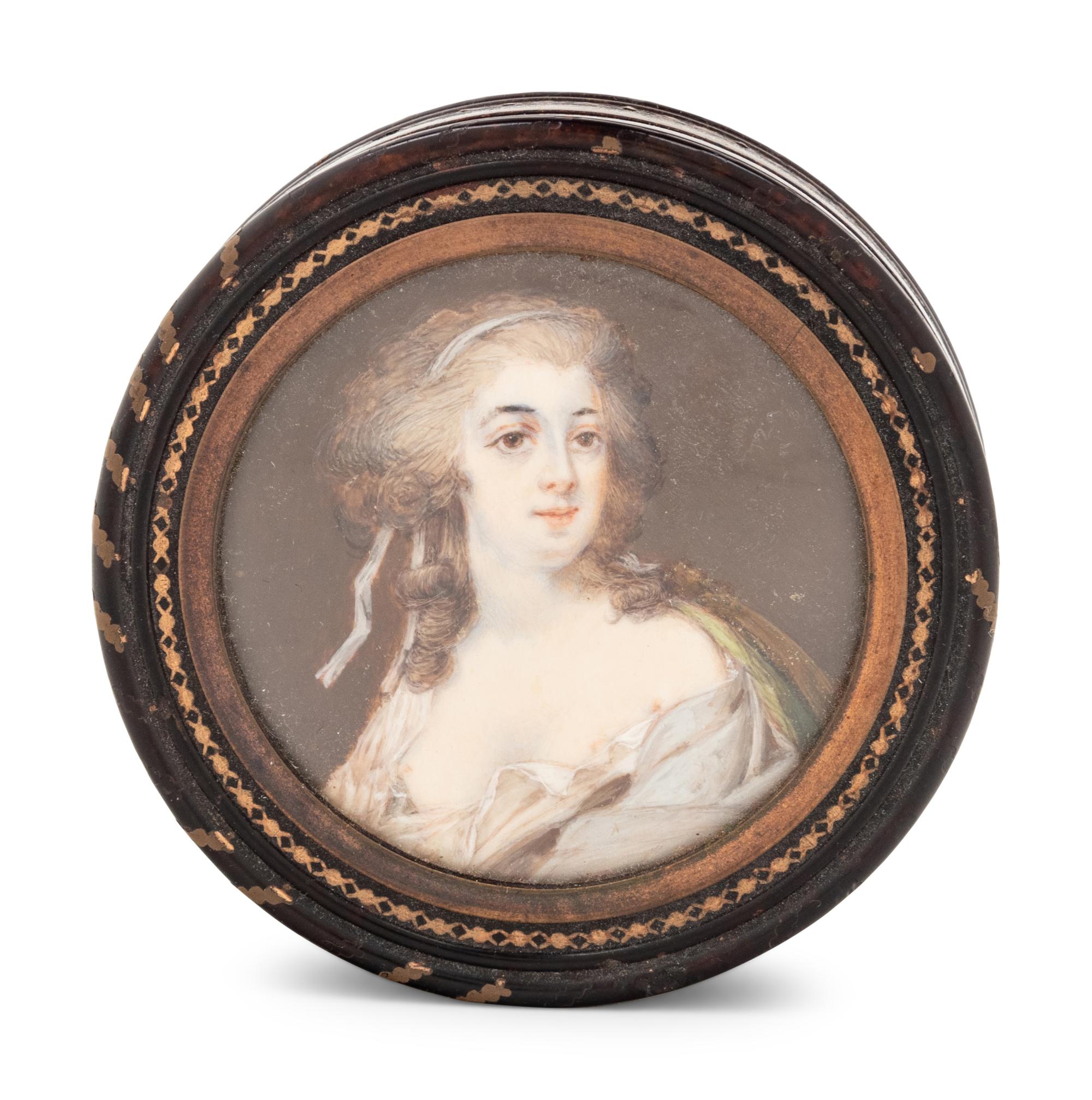 A Continental Gilt Metal Mounted and Portrait Miniature Inset Tortoiseshell Snuff Box