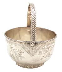 An American Silver Bowl with Handle, Gorham, Providence, RI, 20th Century, having brite cut and aesthetic movement decoration