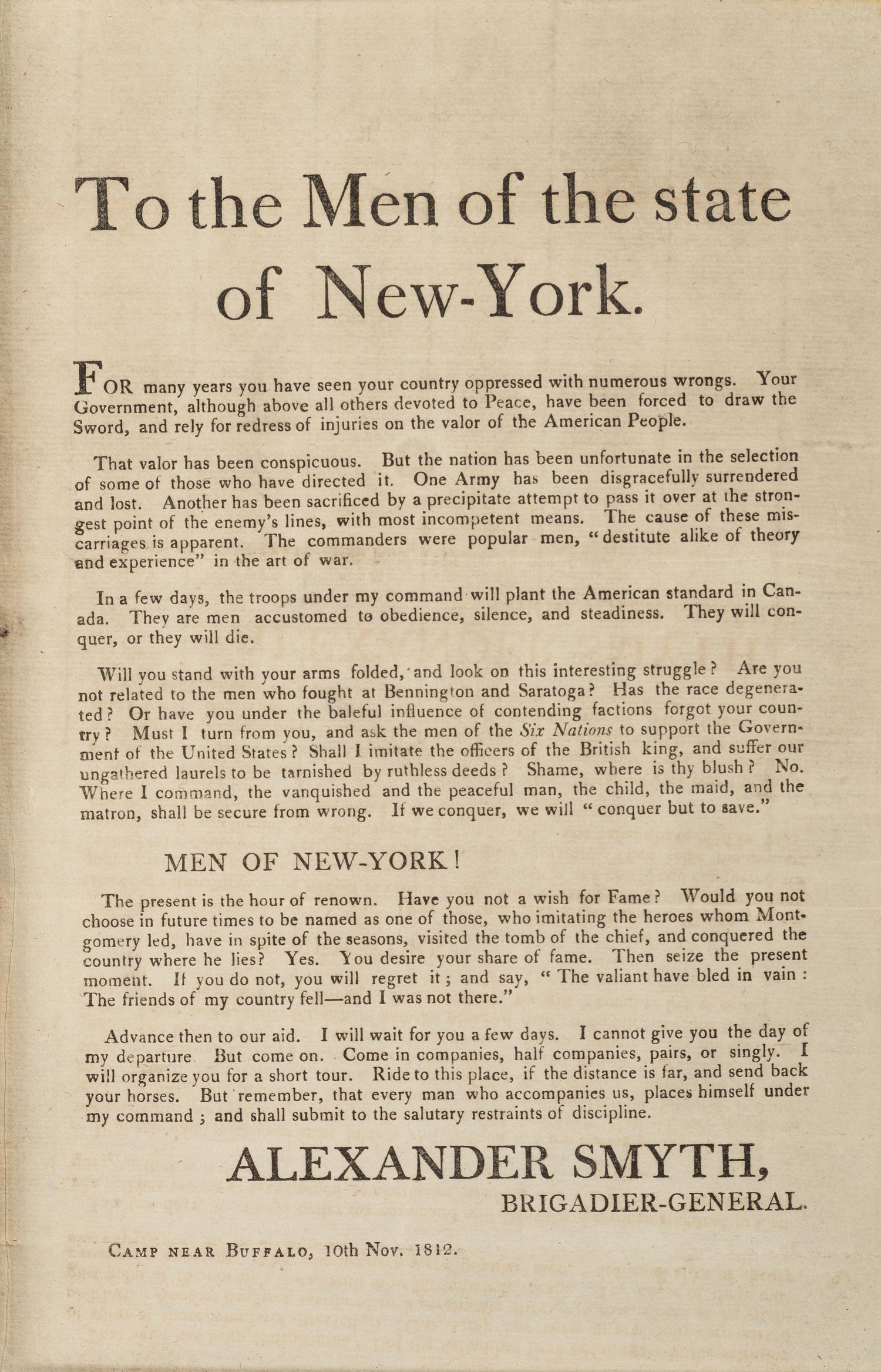 [WAR OF 1812] . SMYTH, Alexander (1765-1830). To the Men of the state of New-York . Buffalo, NY: November 1812.