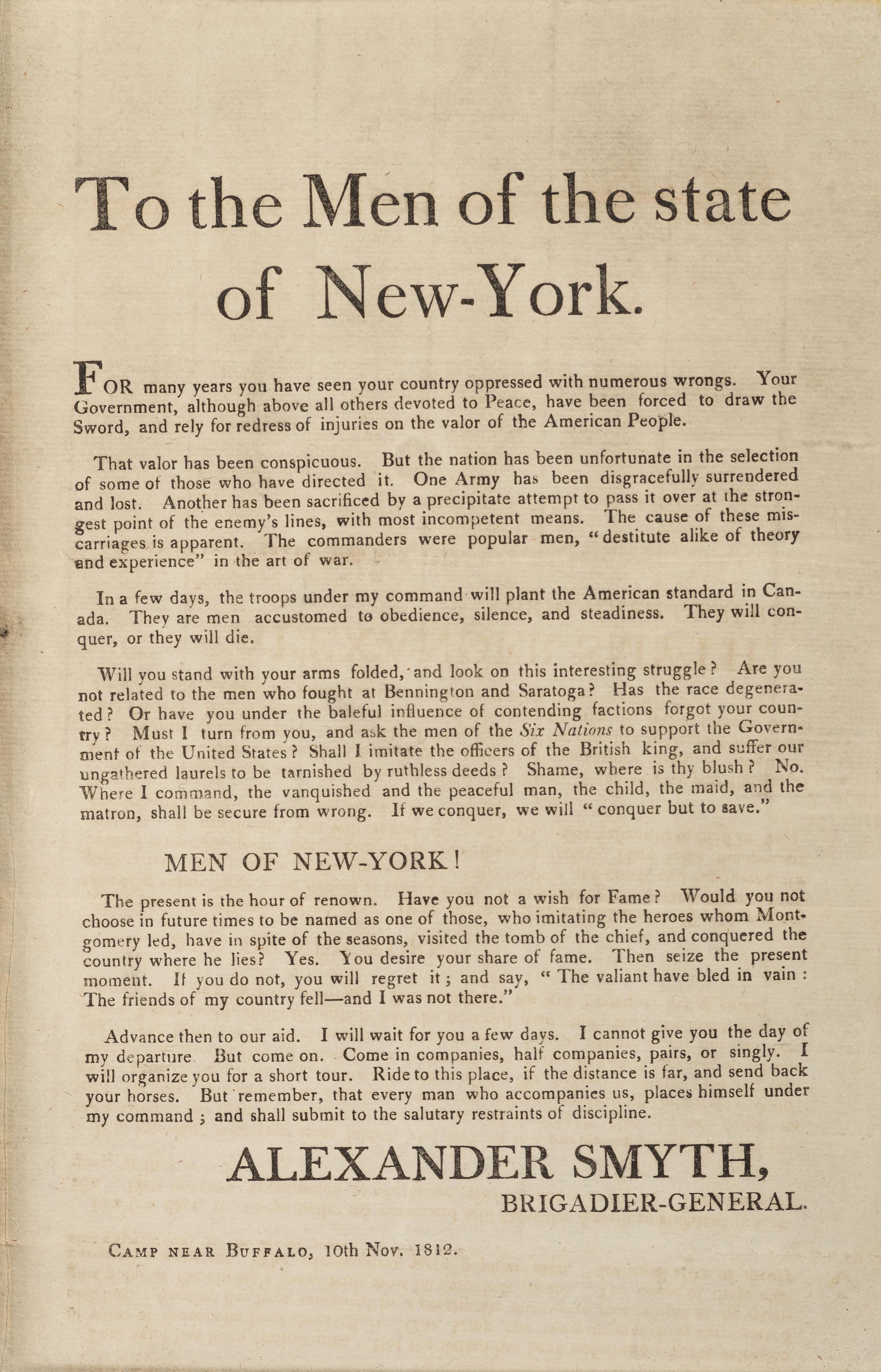 [WAR OF 1812] . SMYTH, Alexander (1765-1830). To the Men of the state of New-York . Buffalo, NY: November 1812.