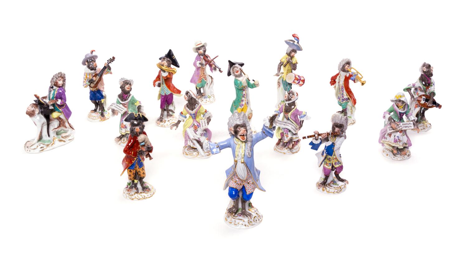 A Meissen Porcelain Fifteen-Piece Monkey Band Height of tallest 7 inches. — 19TH/20TH CENTURY