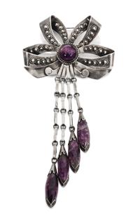 A Mexican Silver and Amethyst Brooch Length 6 1/4 inches.