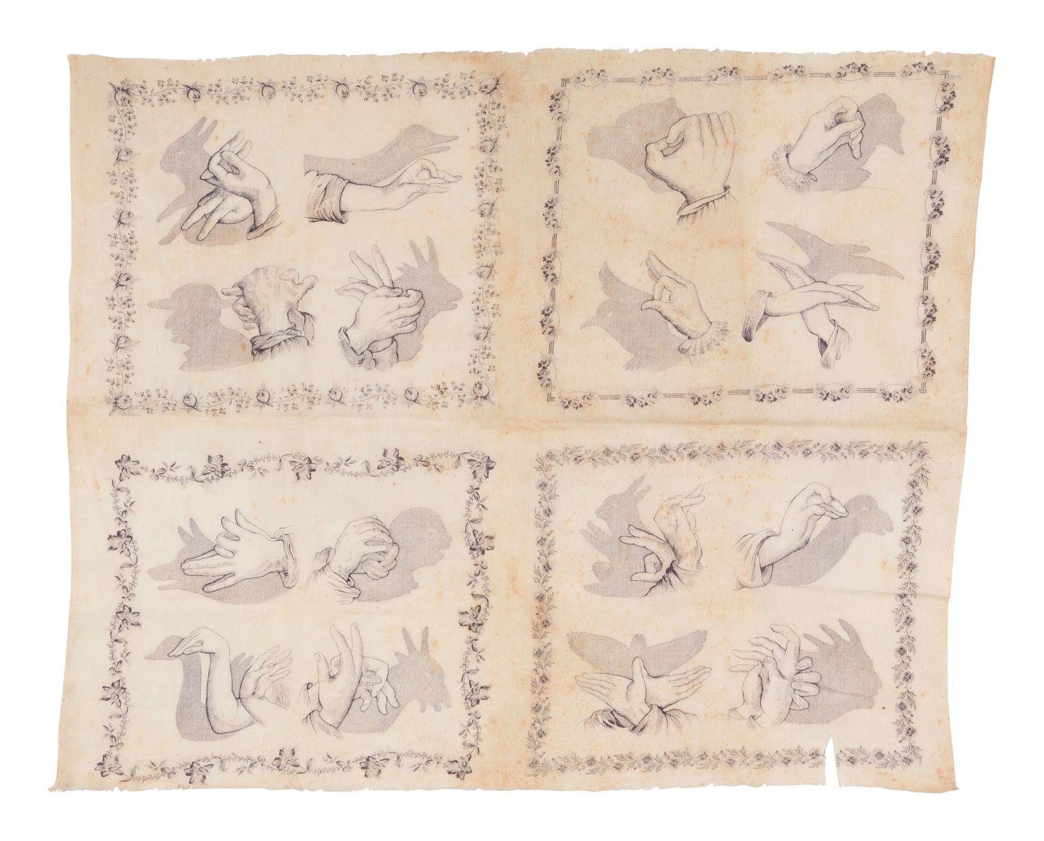 [TEXTILES-SIGN LANGUAGE]. Handkerchief featuring shadowgraphs.