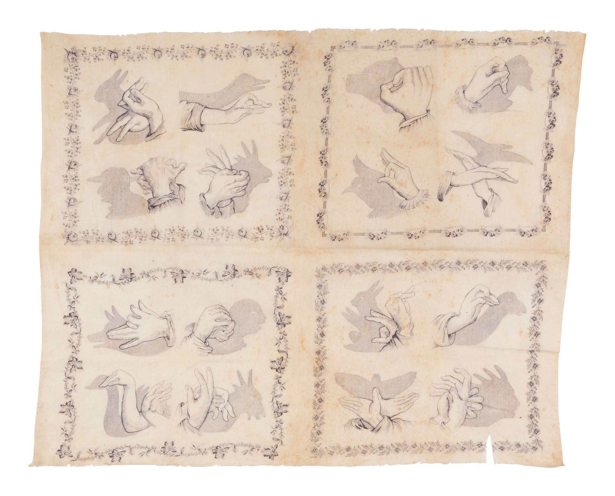 [TEXTILES-SIGN LANGUAGE]. Handkerchief featuring shadowgraphs.