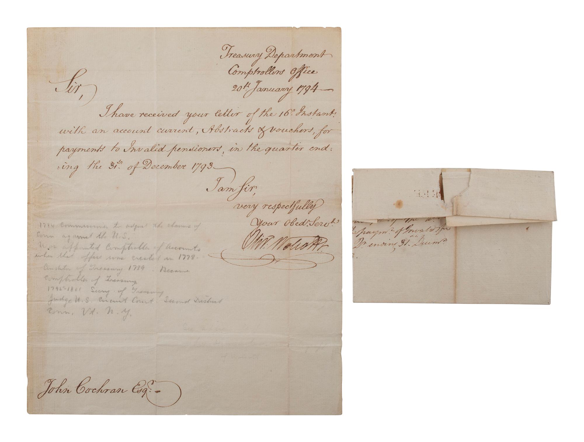 [FOUNDING FATHER]. WOLCOTT, Oliver Jr. (1760-1833). Letter signed ("Oliv. Wolcott Jr.") as Comptroller. "Treasury Department, Comptroller's Office," 20 January 1794. With free franked envelope.