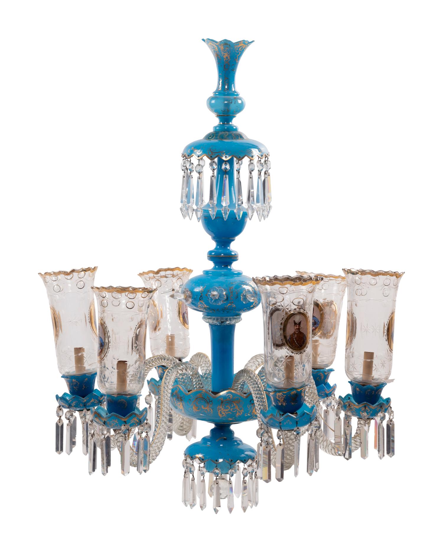 A Bohemian Enameled Opaline Glass Six-Light Chandelier for the Persian Market
