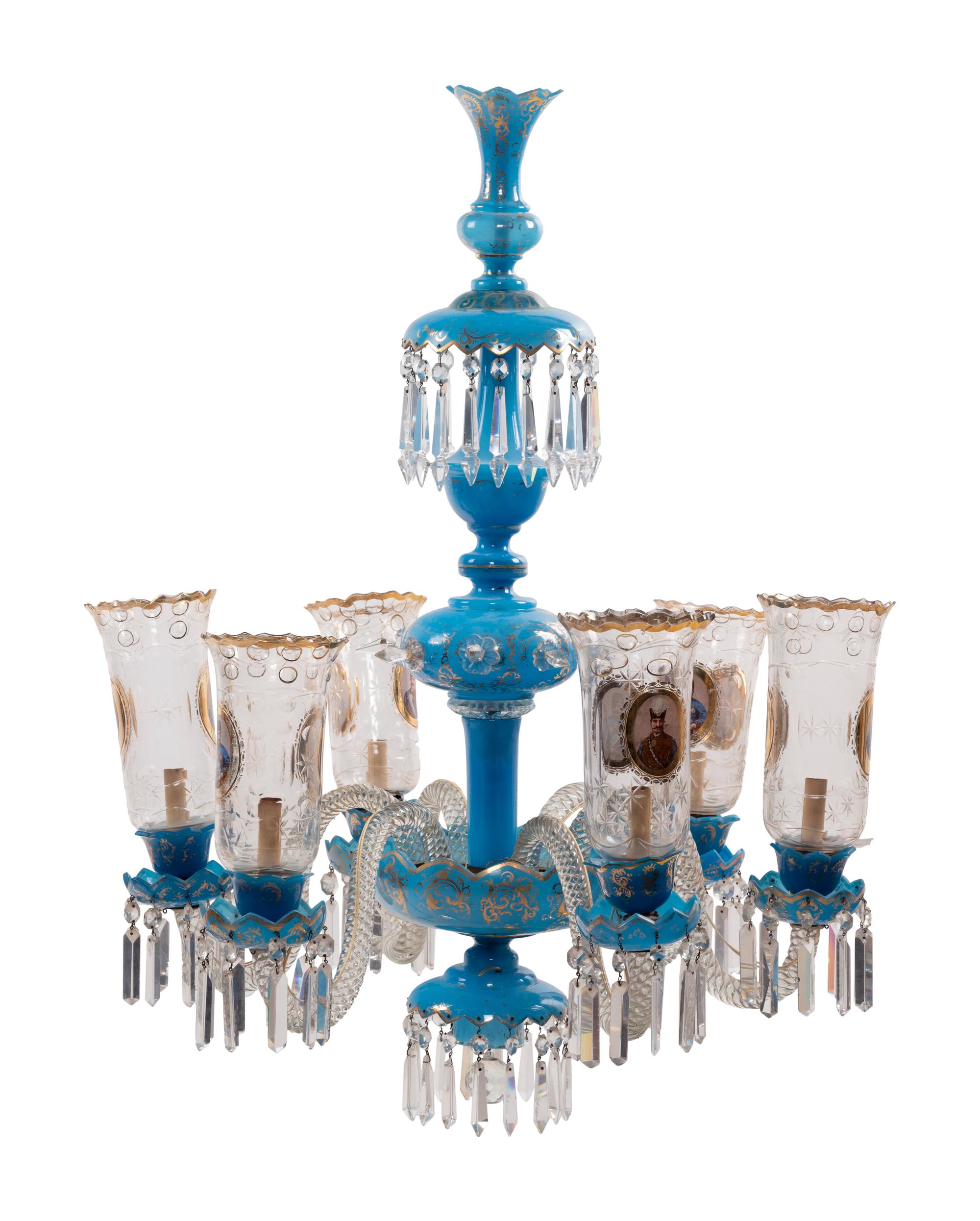 A Bohemian Enameled Opaline Glass Six-Light Chandelier for the Persian Market
