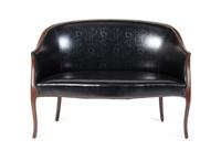 An American Upholstered Settee Height 29 1/4 x width 46 1/2 x depth 22 inches.