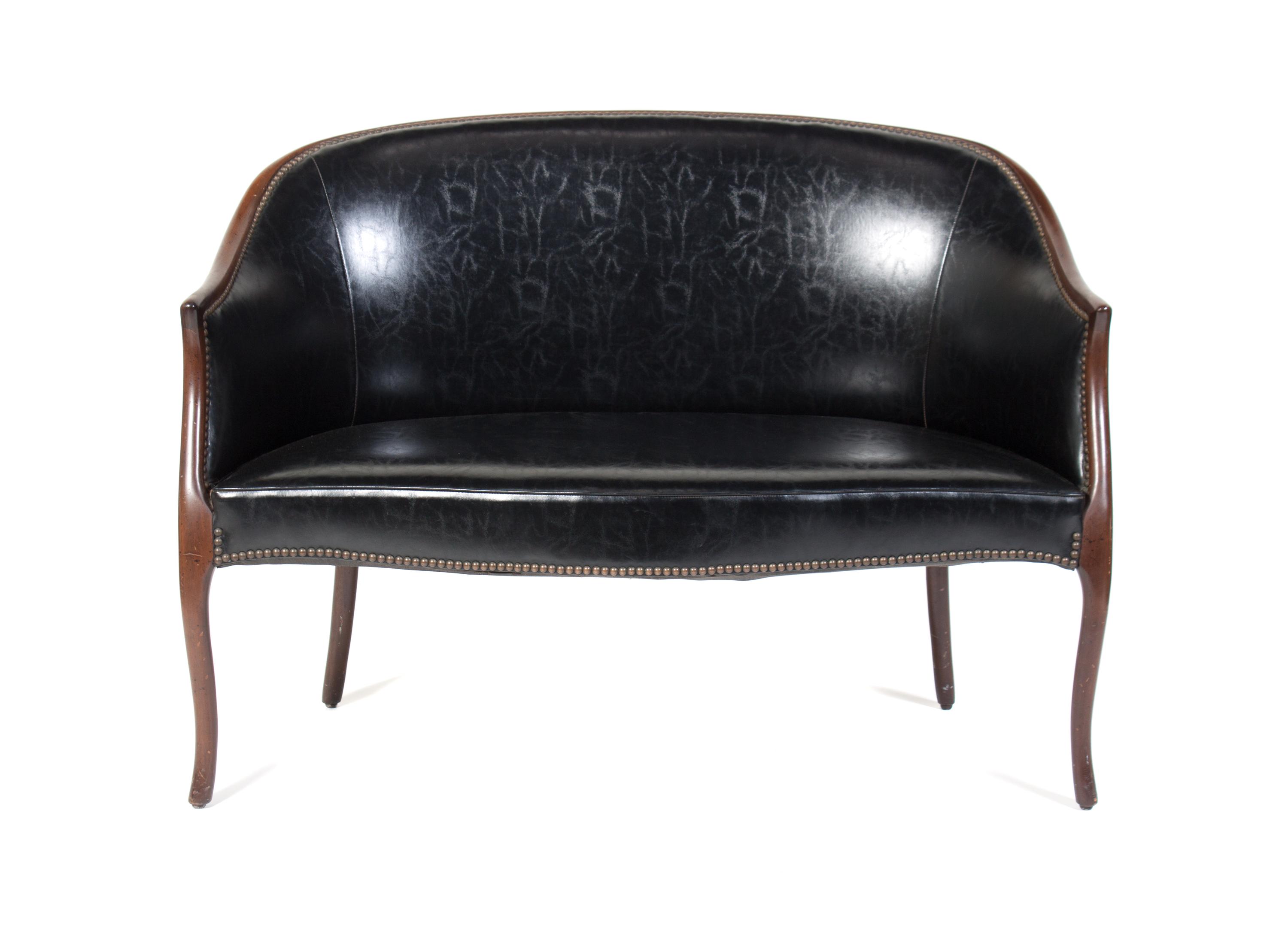 An American Upholstered Settee Height 29 1/4 x width 46 1/2 x depth 22 inches.