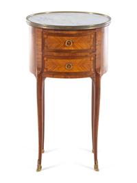A Louis XV/XVI Transitional Style Tulipwood, Mahogany and Parquetry Marble Top Table en Chiffonier