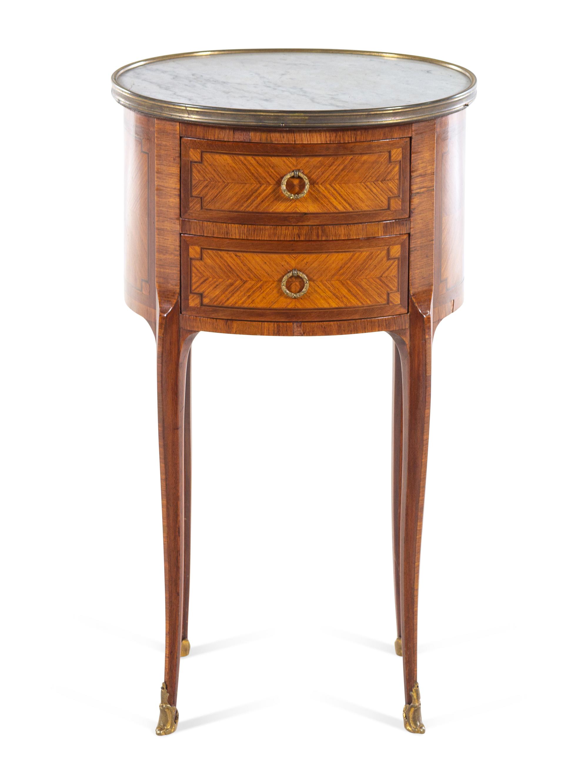 A Louis XV/XVI Transitional Style Tulipwood, Mahogany and Parquetry Marble Top Table en Chiffonier