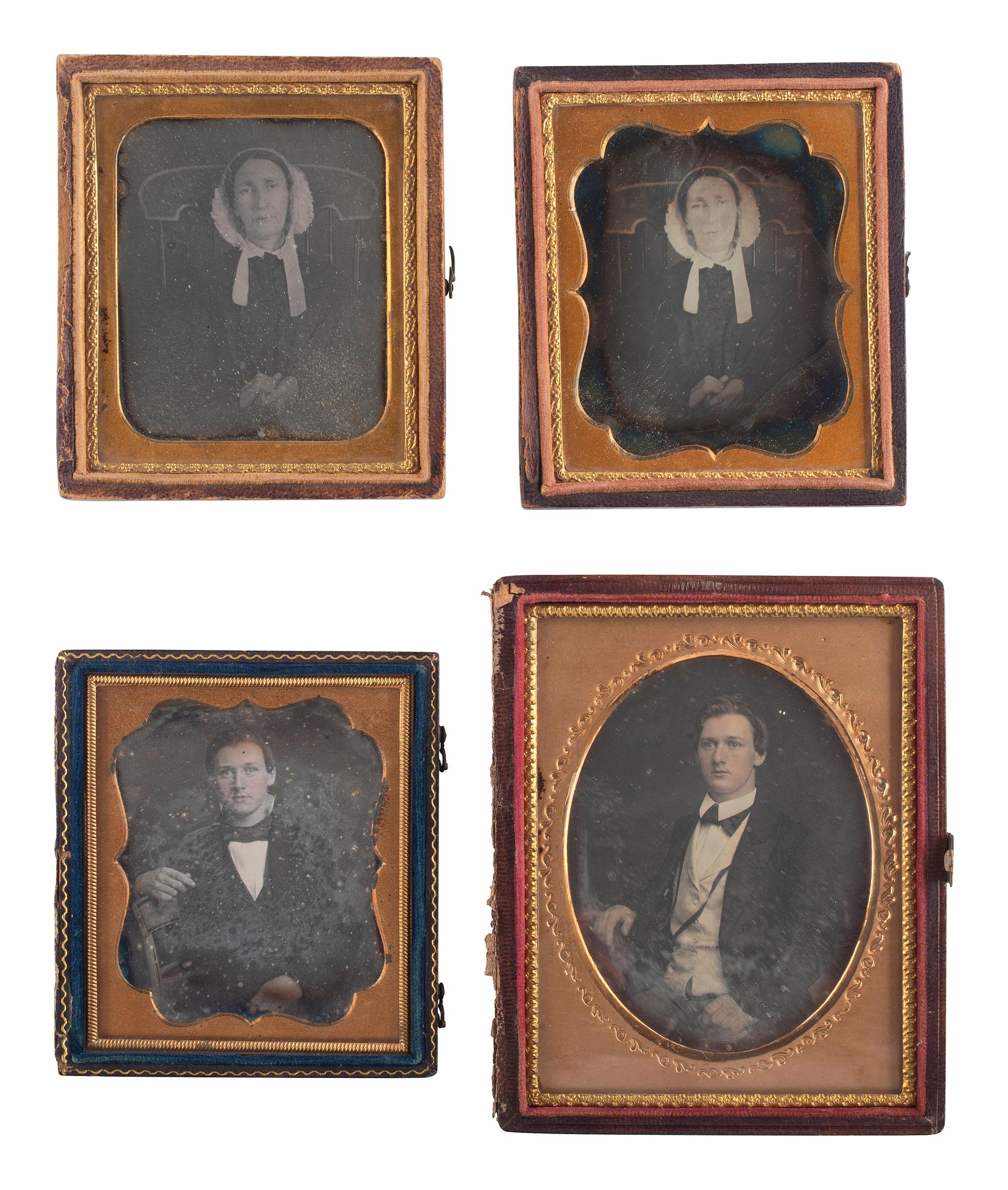 [EARLY PHOTOGRAPHY]. A collection of pairs and trios of portraits featuring the same male and female subjects, many likely copy images, including: