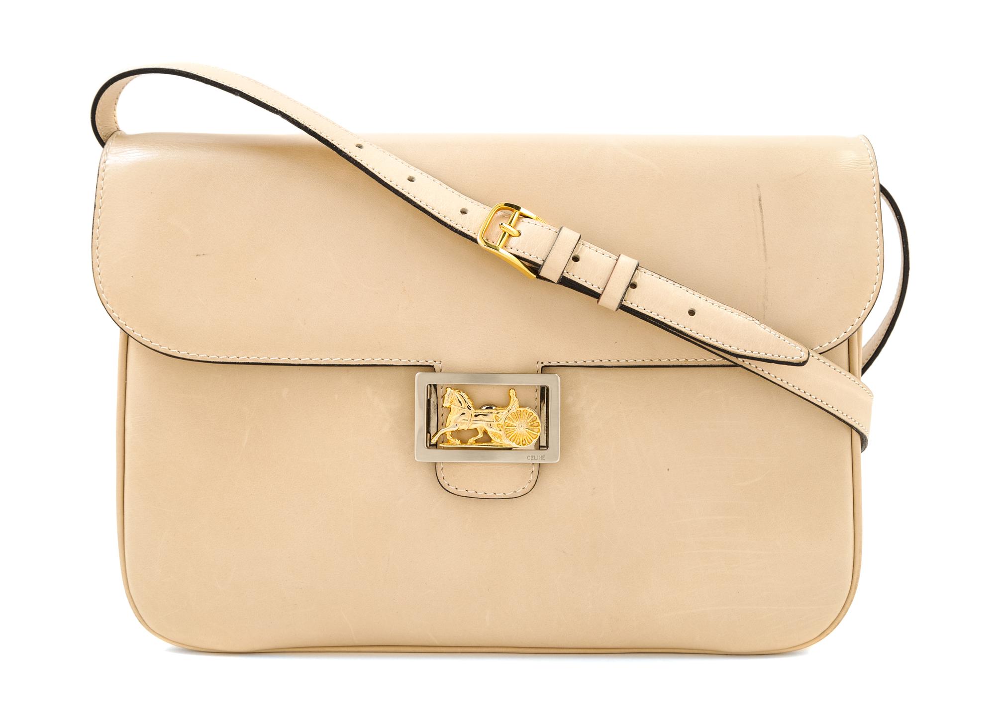 A Celine Cream Vintage Shoulder Bag, 11.5" x 8.25" x 1.5"; Strap drop: 19".