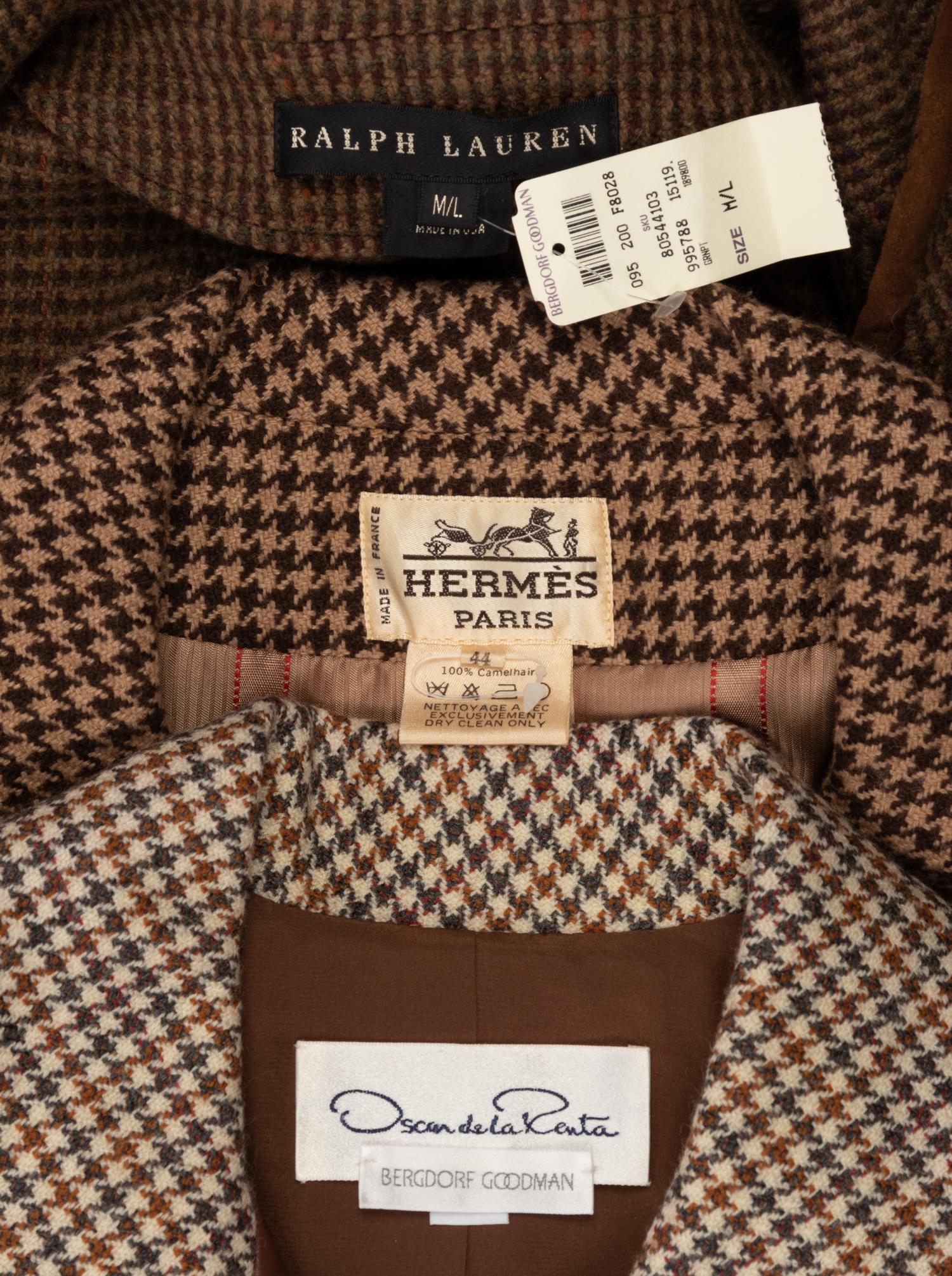 Four Houndstooth Pieces: One Oscar de la Renta Two-Piece Skirt Suit, One Hermes Jacket, One Ralph Lauren Cape
