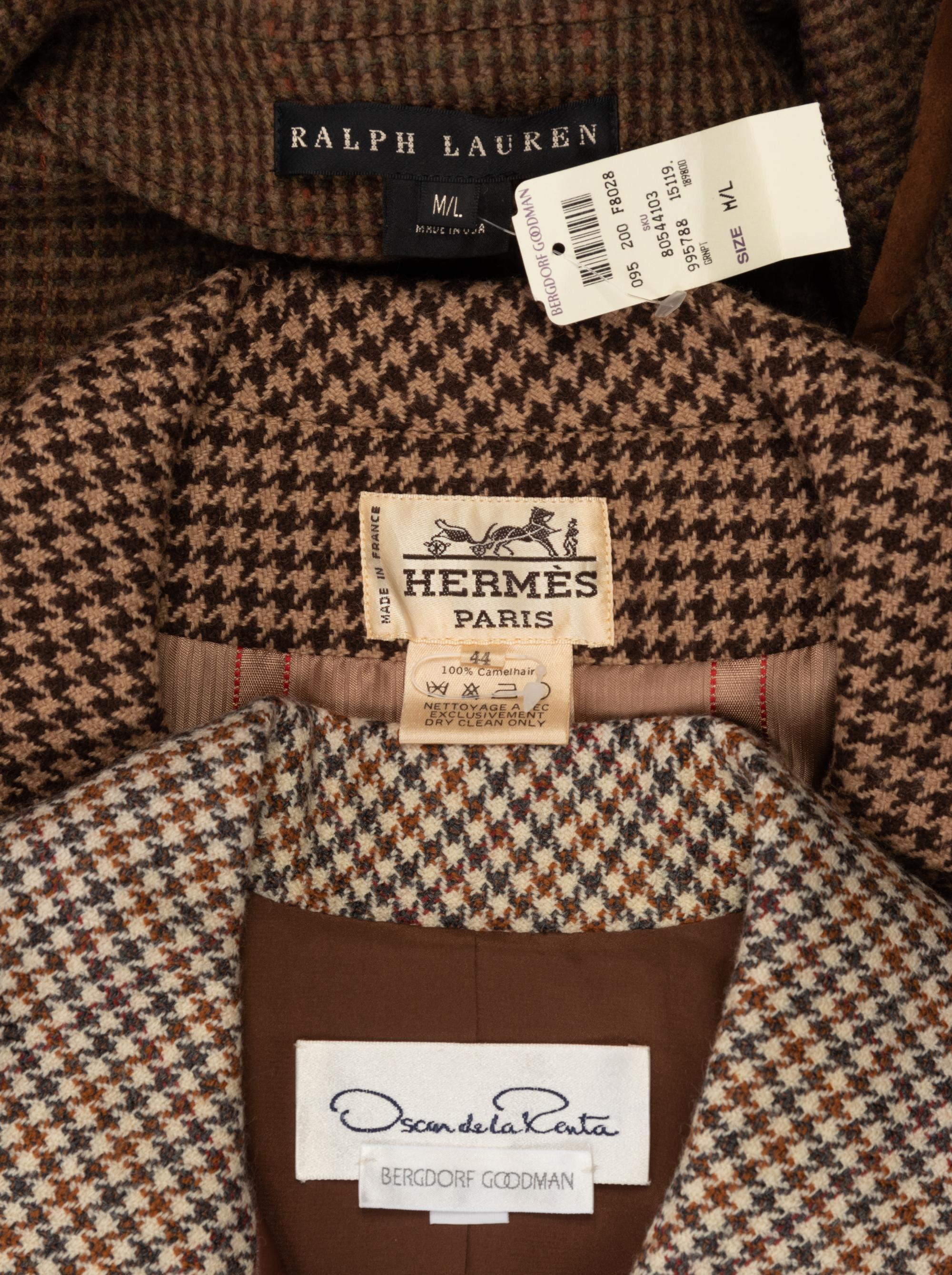 Four Houndstooth Pieces: One Oscar de la Renta Two-Piece Skirt Suit, One Hermes Jacket, One Ralph Lauren Cape