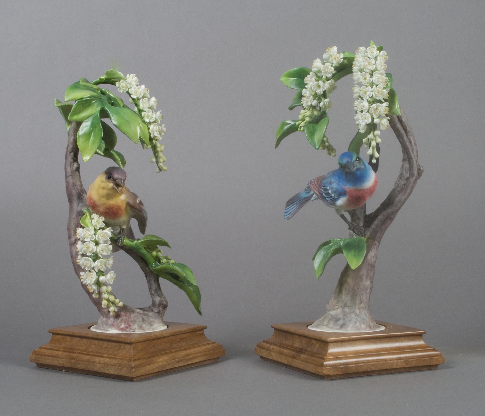 A Pair of Royal Worcester Dorothy Doughty Birds, Lazuli Bunting, Height 11 inches.