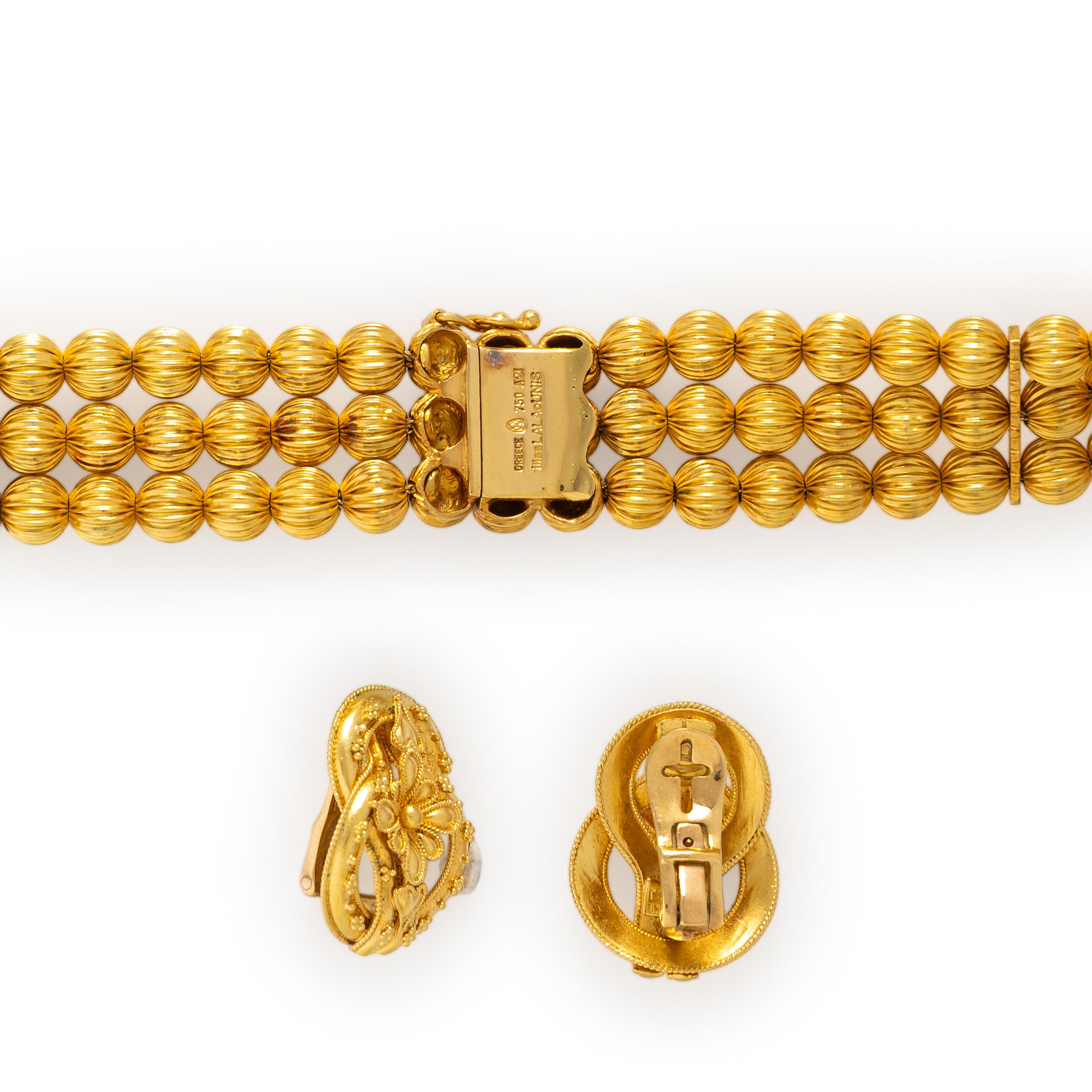 LALAOUNIS, YELLOW GOLD HERCULES KNOT EARRINGS AND BEADED NECKLACE
