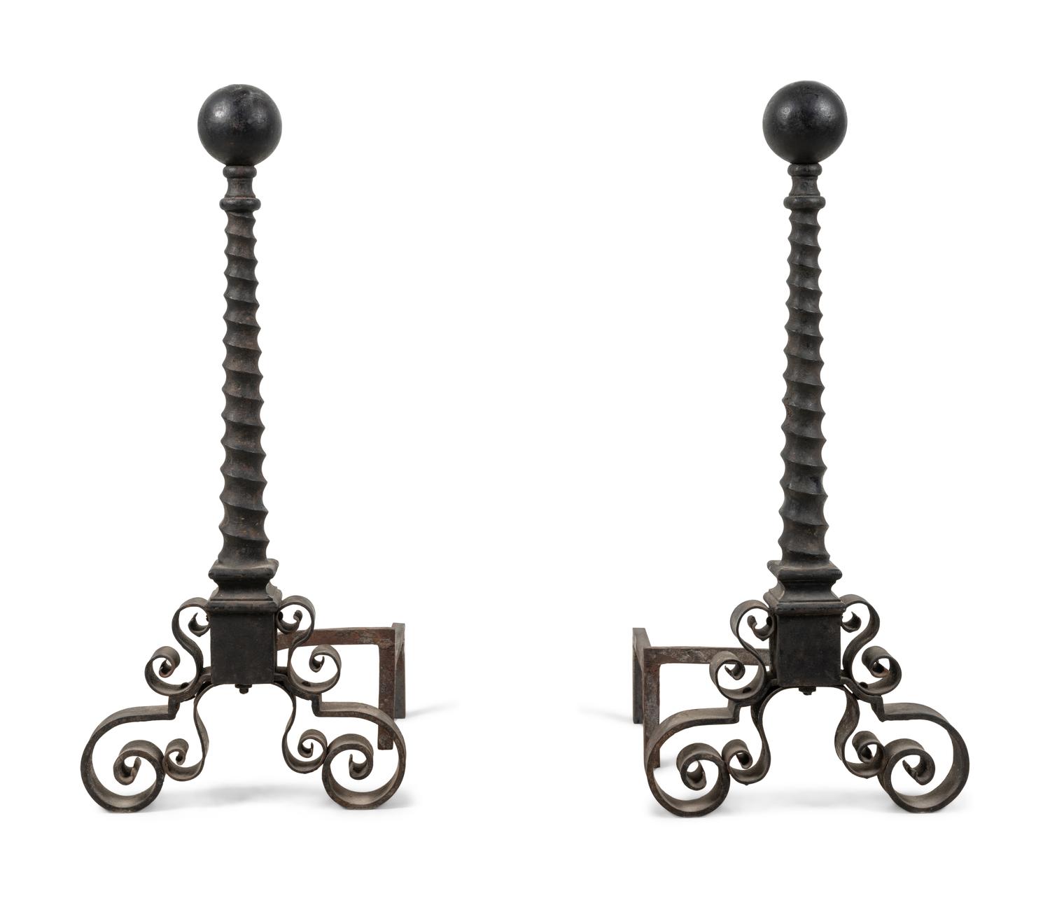A Pair of Continental Iron Spiral-Twist Ball-Top Andirons