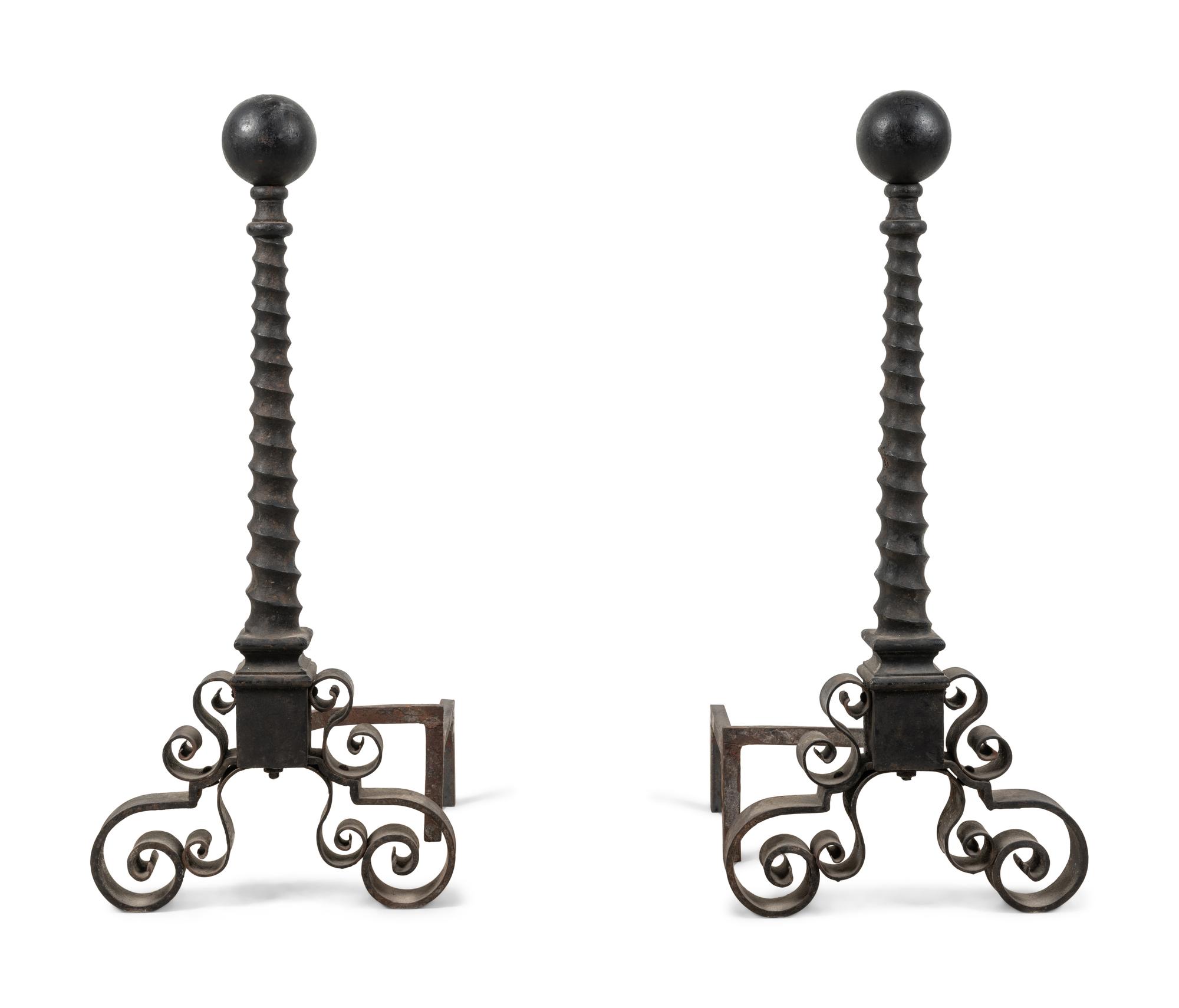 A Pair of Continental Iron Spiral-Twist Ball-Top Andirons