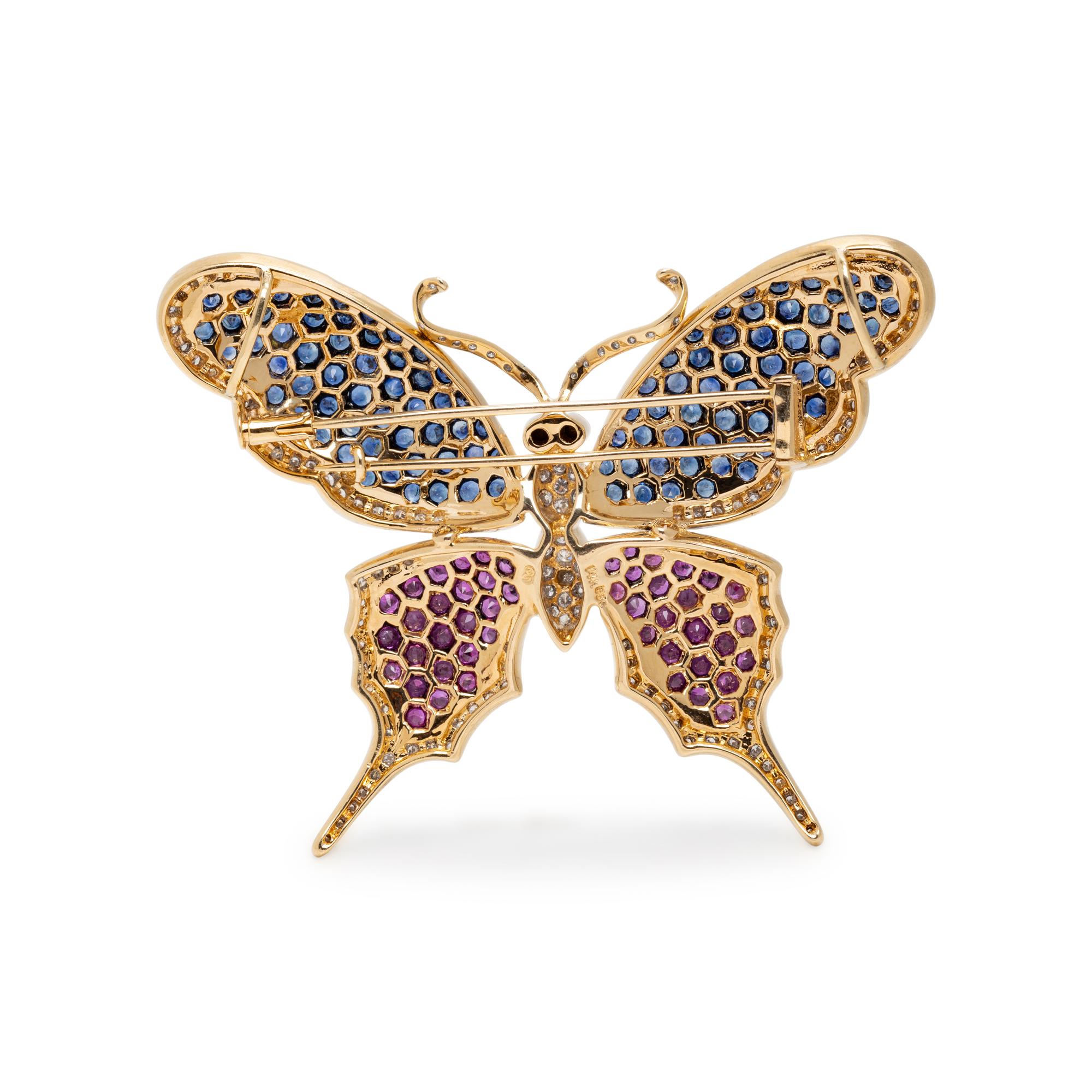 SAPPHIRE, RUBY, AND DIAMOND BUTTERFLY BROOCH PENDANT