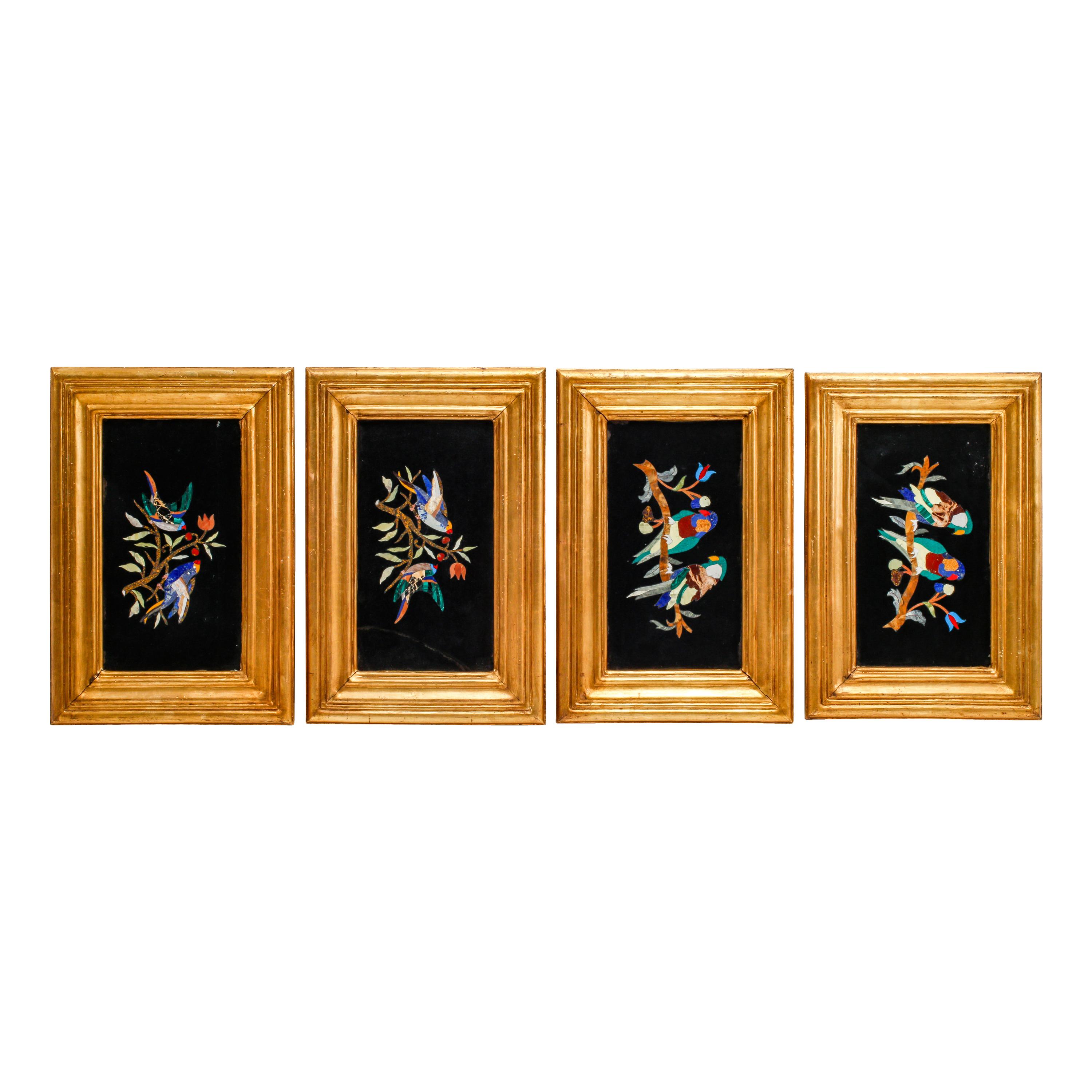 A Set of Four Giltwood-Framed Italian Pietra Dura Plaques