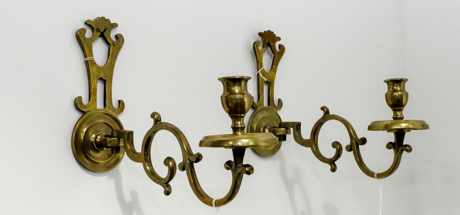 A Pair of Dutch Baroque Style Brass Sconces Depth 12 inches. — 19TH CENTURY