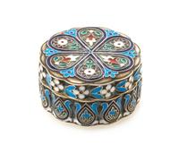 A Russian Silver and Enamel Pill Box, Maker's mark Cyrillic IS, city mark likely Odessa, of lobed, circular form and decorated with pol
