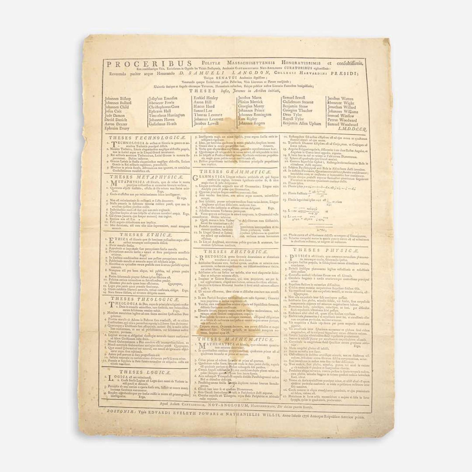 [Americana] [Harvard College] Group of 3 Harvard College Graduation Theses Broadsides