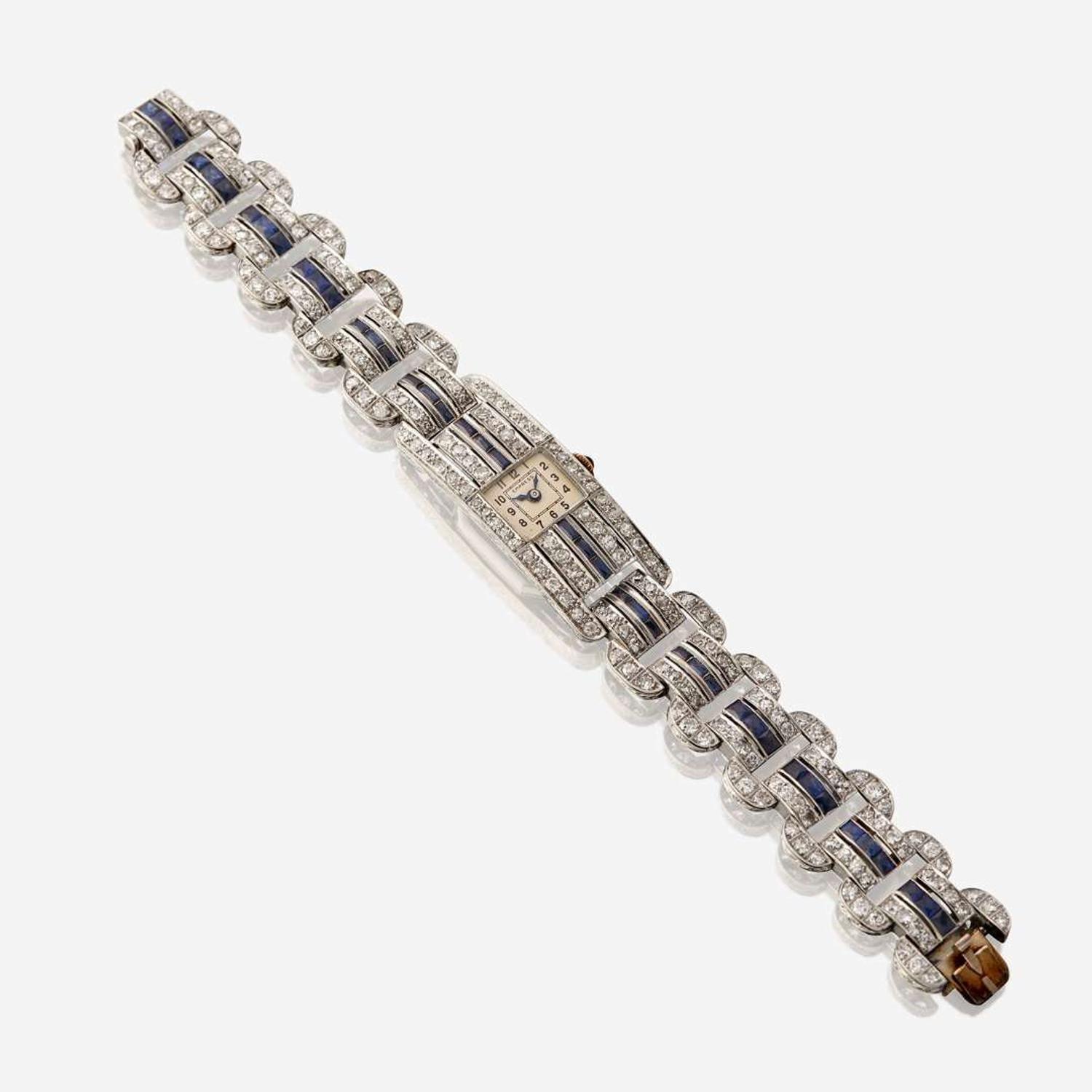 An Art Deco platinum, diamond, and synthetic sapphire bracelet watch, Mauboussin France