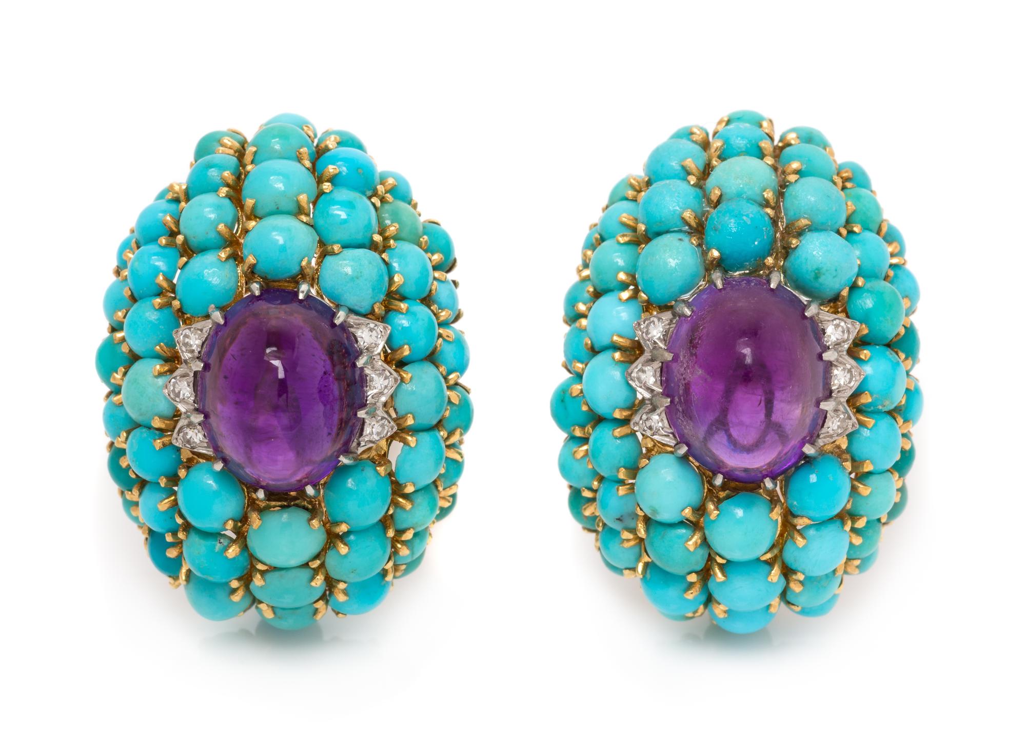 A Pair of Yellow Gold, Platinum, Amethyst, Turquoise and Diamond Earclips, 16.40 dwts.