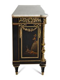 A Louis XVI Style Gilt Bronze Mounted Japanese Lacquer and Ebony Marble-Top Commode à Vantaux