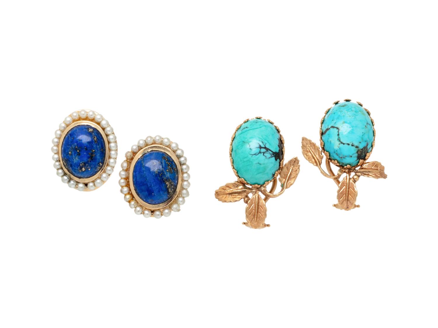 TWO PAIRS OF YELLOW GOLD AND HARDSTONE EARRINGS